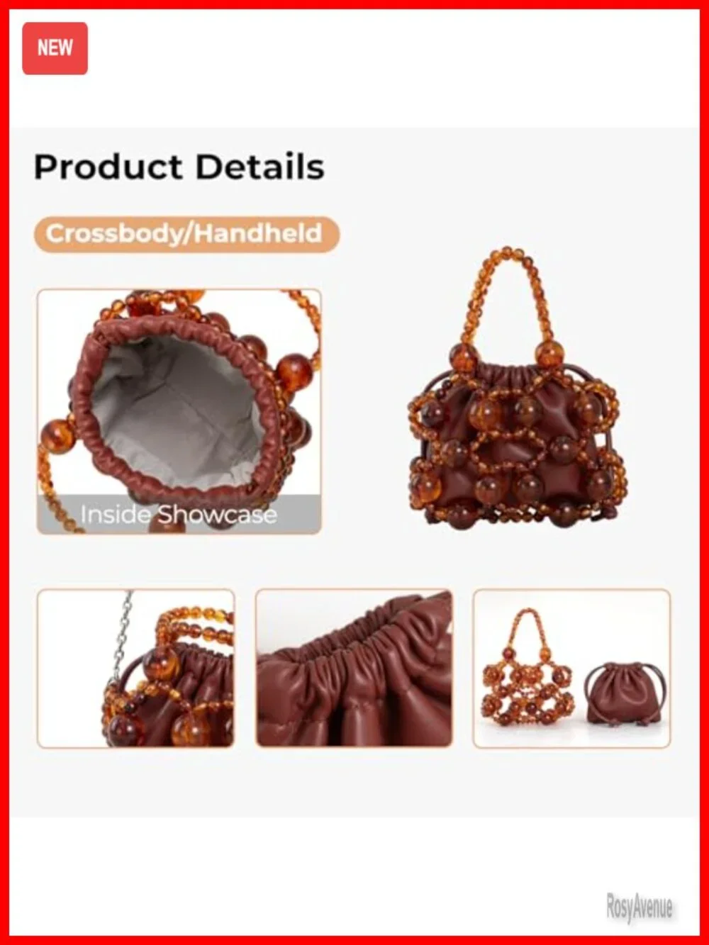 Brown Faux Leather Beaded Hobo Bag with Amber Crystal Accents Shoulder